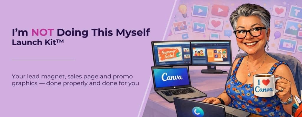 A bright, playful illustration of a woman smiling at her desk with several laptops and monitors showing Canva designs, representing the creative overwhelm this launch kit solves.