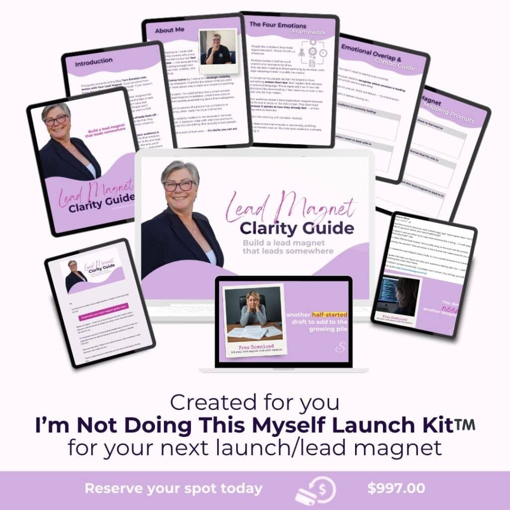Mockup of the Lead Magnet Clarity Guide showing multiple coordinated pages — including introduction, emotions framework, mapping prompts, and about‑me page — displayed across devices and print layouts. Central headline reads ‘Lead Magnet Clarity Guide: Build a lead magnet that leads somewhere,’ with a photo of the designer. Footer banner promotes the ‘I’m Not Doing This Myself Launch Kit’ with a $997 price tag.