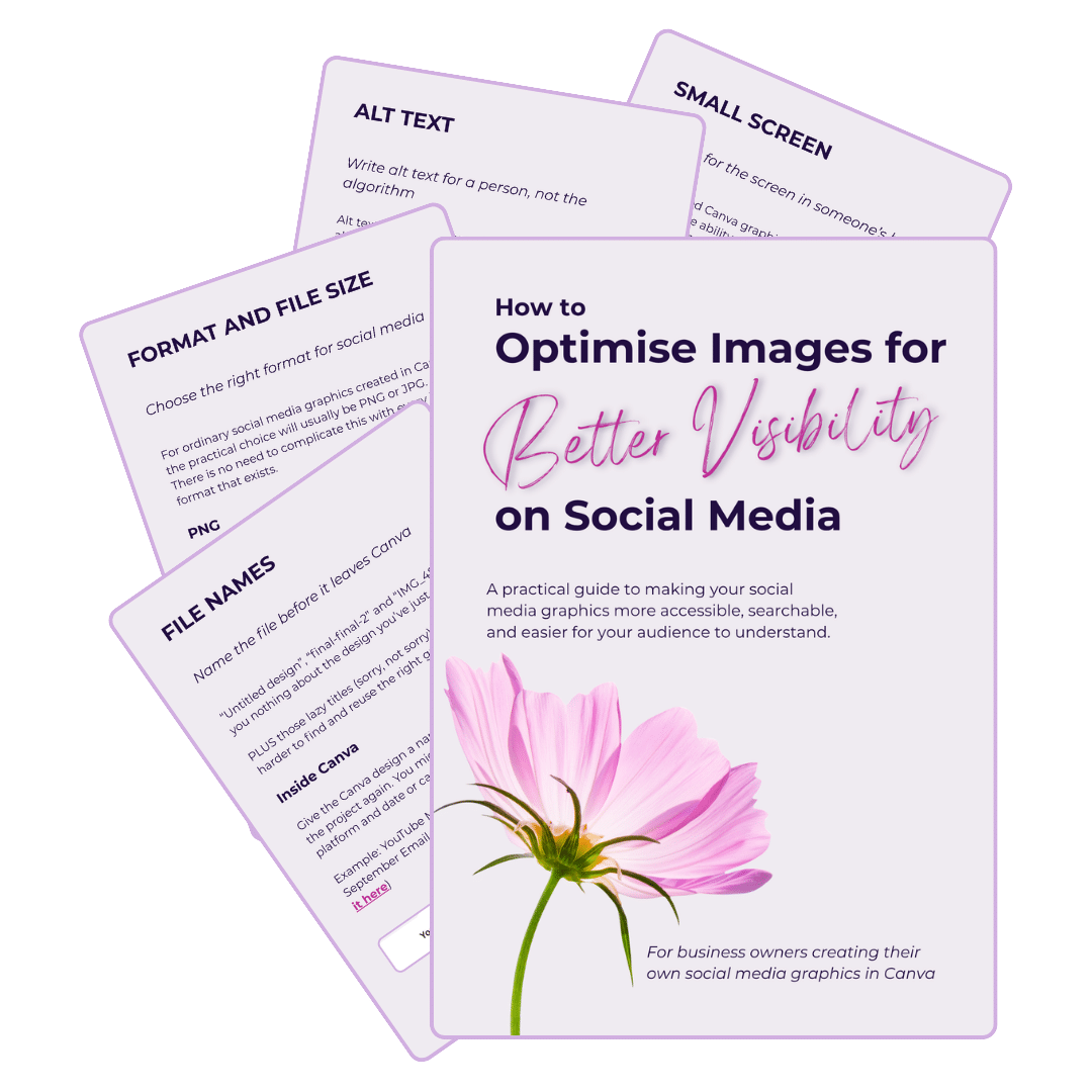 Mock-up of the free guide How to Optimise Images for Better Visibility on Social Media, showing the cover and sample pages about file names, image formats, alt text and small-screen design.