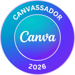 Circular Canva Canvassador badge with a blue to purple gradient background, the word “Canva” in the centre, “CANVASSADOR” around the top, and “2026” at the bottom.